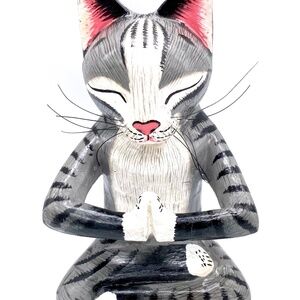 Namaste Hand Carved Wood Painted Cat